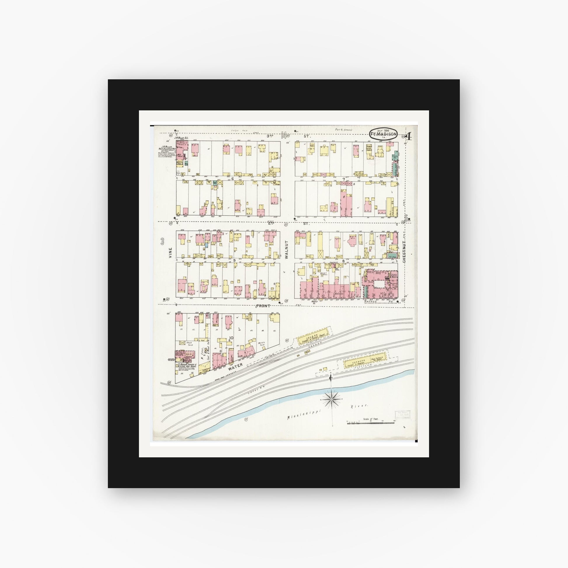 Old map wall art mockup — black gallery frame with white mat — Sanborn Fire Insurance Map from Fort Madison, Lee County, Iowa (1894), Sheet #0004