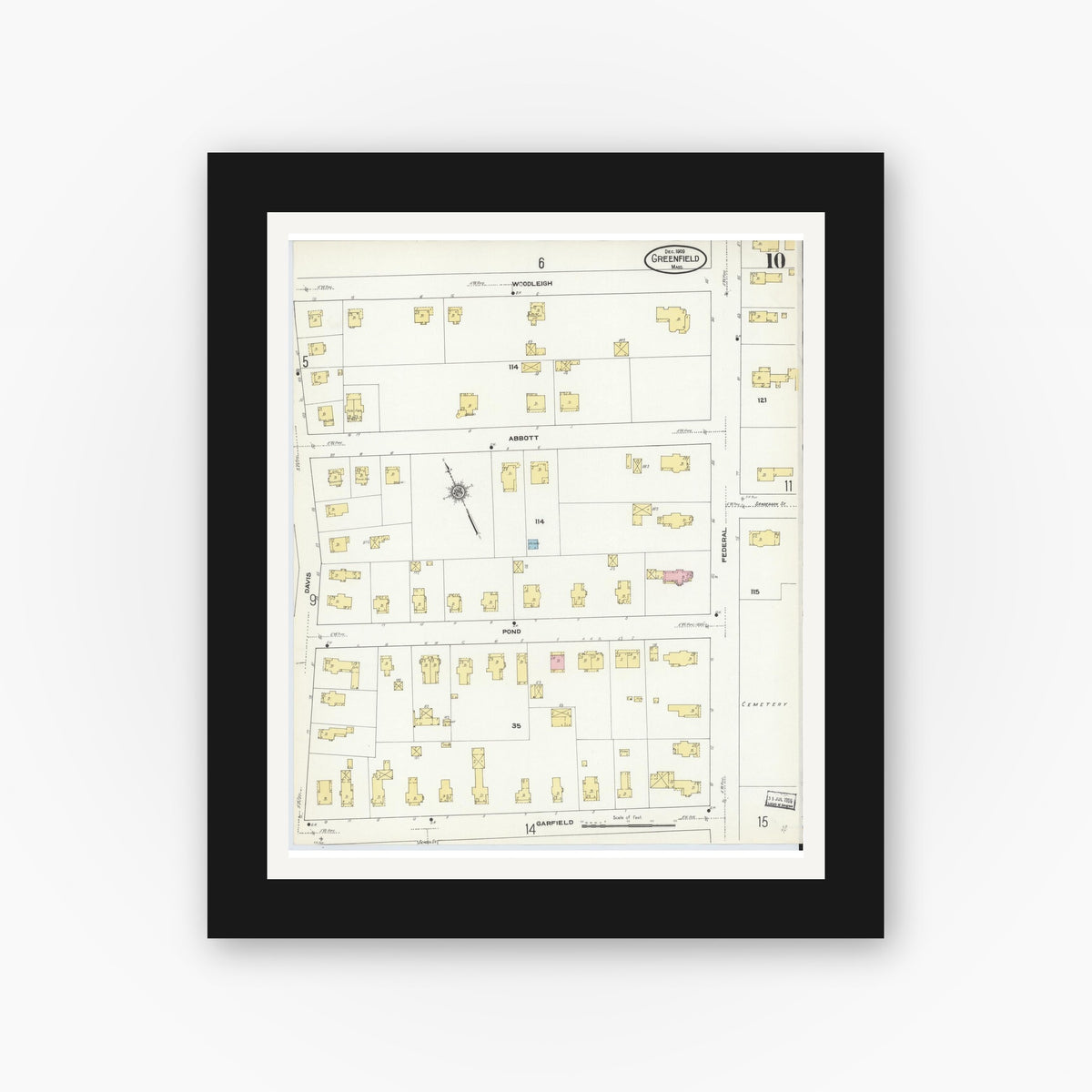 Old map wall art mockup — black gallery frame with white mat — Sanborn Fire Insurance Map from Greenfield, Franklin County, Massachusetts (1909), Sheet #0010