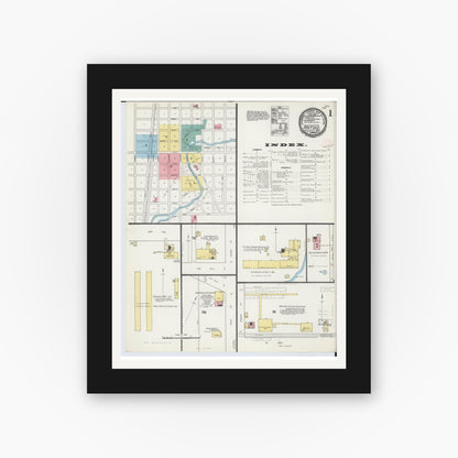 Old map wall art mockup — black gallery frame with white mat — Sanborn Fire Insurance Map from Antigo, Langlade County, Wisconsin (1892), Sheet #0001