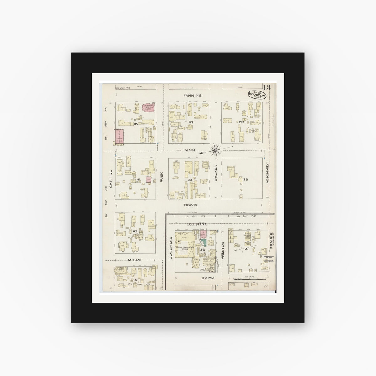 Old map wall art mockup — black gallery frame with white mat — Sanborn Fire Insurance Map from Houston, Harris County, Texas (1885), Sheet #0013
