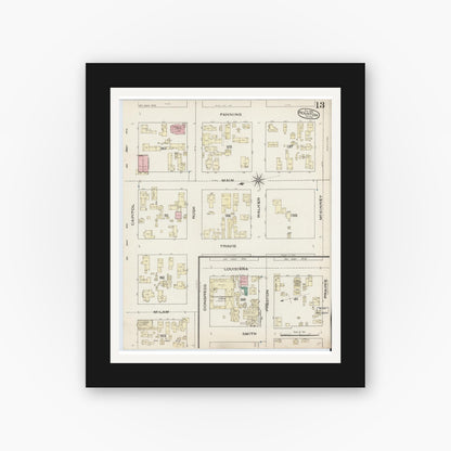 Old map wall art mockup — black gallery frame with white mat — Sanborn Fire Insurance Map from Houston, Harris County, Texas (1885), Sheet #0013