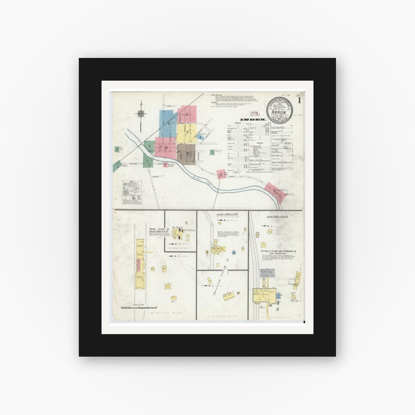 Old map wall art mockup — black gallery frame with white mat — Sanborn Fire Insurance Map from Akron, Erie County, New York (1910) - Complete Map Set