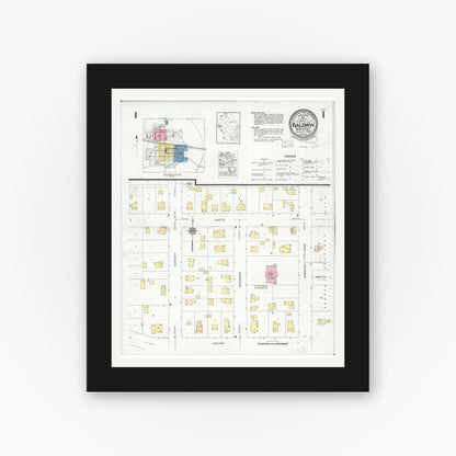 Old map wall art mockup — black gallery frame with white mat — Sanborn Fire Insurance Map from Baldwin, St. Croix County, Wisconsin (1930), Sheet #0001