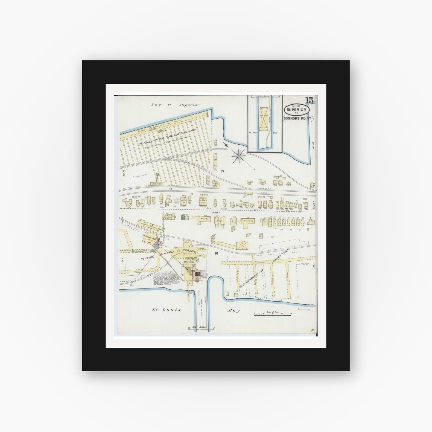 Old map wall art mockup — black gallery frame with white mat — Sanborn Fire Insurance Map from Superior, Douglas County, Wisconsin (1889), Sheet #0015