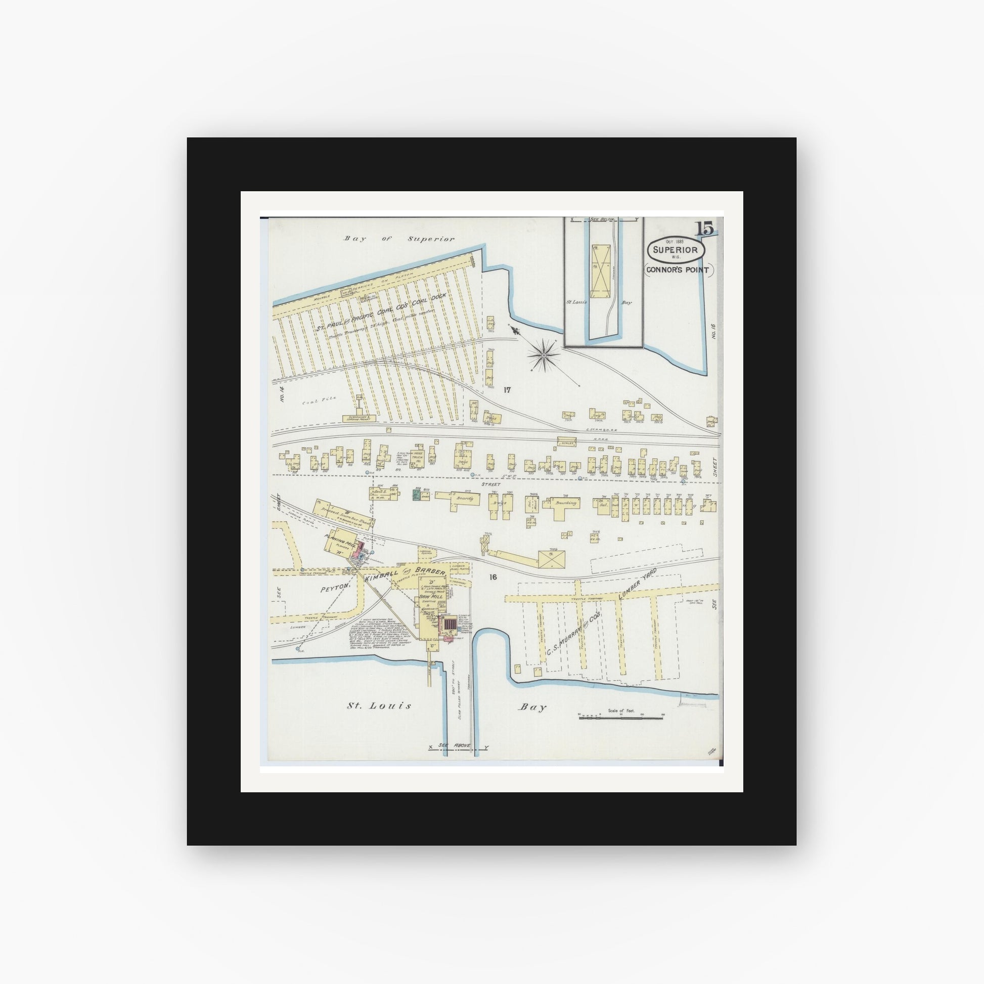 Old map wall art mockup — black gallery frame with white mat — Sanborn Fire Insurance Map from Superior, Douglas County, Wisconsin (1889), Sheet #0015