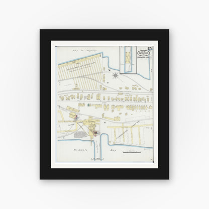 Old map wall art mockup — black gallery frame with white mat — Sanborn Fire Insurance Map from Superior, Douglas County, Wisconsin (1889), Sheet #0015