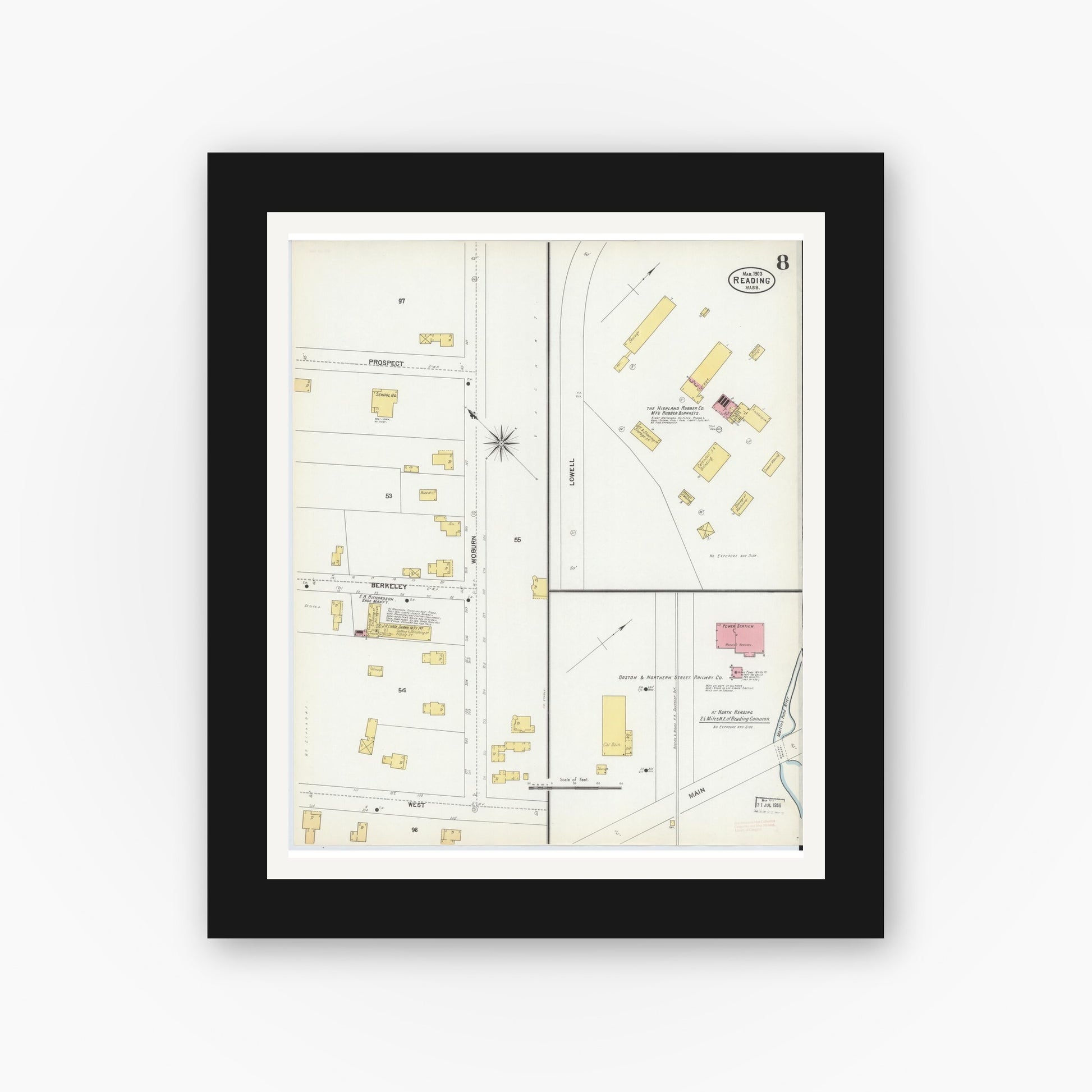Old map wall art mockup — black gallery frame with white mat — Sanborn Fire Insurance Map from Reading, Middlesex County, Massachusetts (1903), Sheet #0008