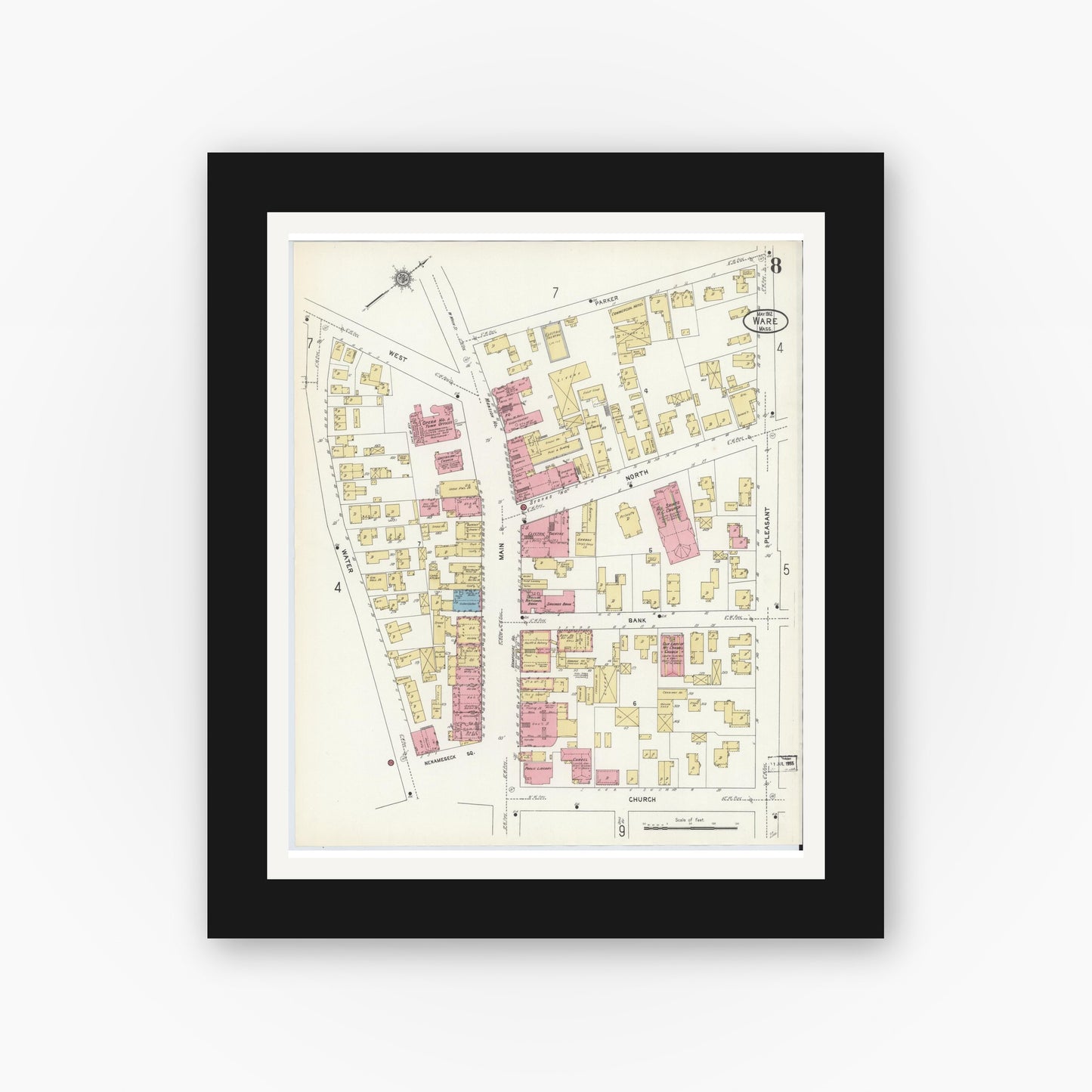Old map wall art mockup — black gallery frame with white mat — Sanborn Fire Insurance Map from Ware, Hampshire County, Massachusetts (1912), Sheet #0008