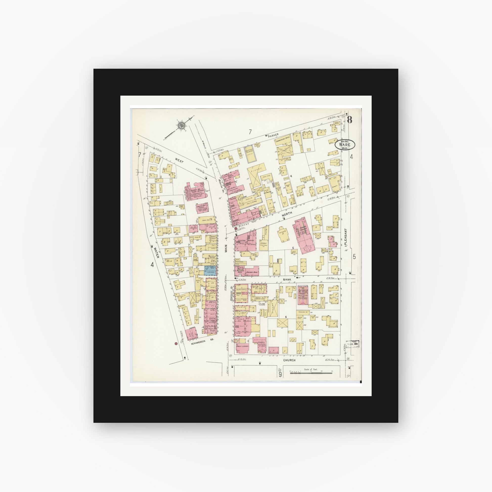 Old map wall art mockup — black gallery frame with white mat — Sanborn Fire Insurance Map from Ware, Hampshire County, Massachusetts (1912), Sheet #0008