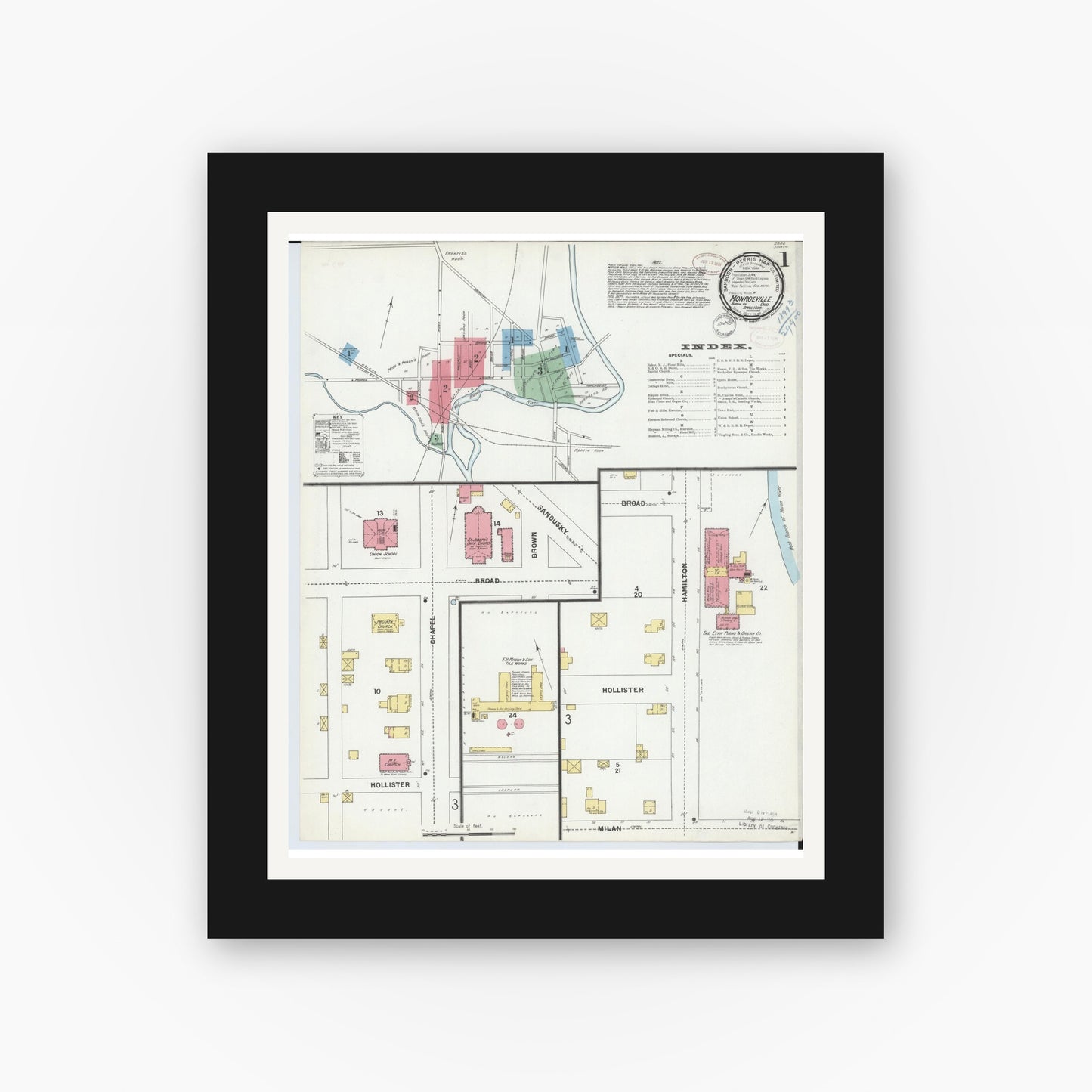 Old map wall art mockup — black gallery frame with white mat — Sanborn Fire Insurance Map from Monroeville, Huron County, Ohio (1899), Sheet #0001