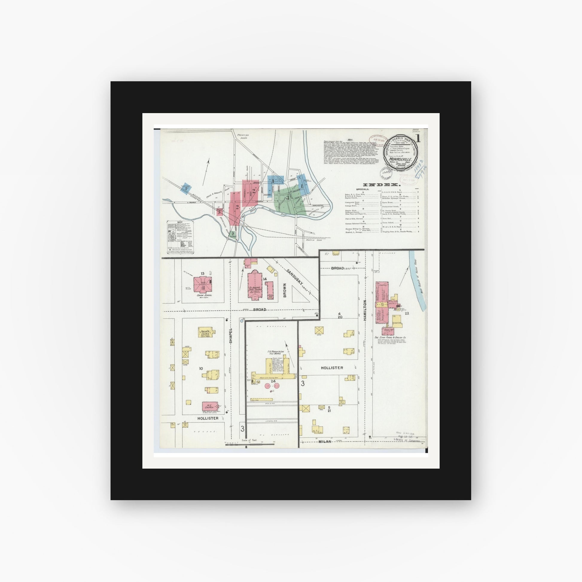 Old map wall art mockup — black gallery frame with white mat — Sanborn Fire Insurance Map from Monroeville, Huron County, Ohio (1899), Sheet #0001