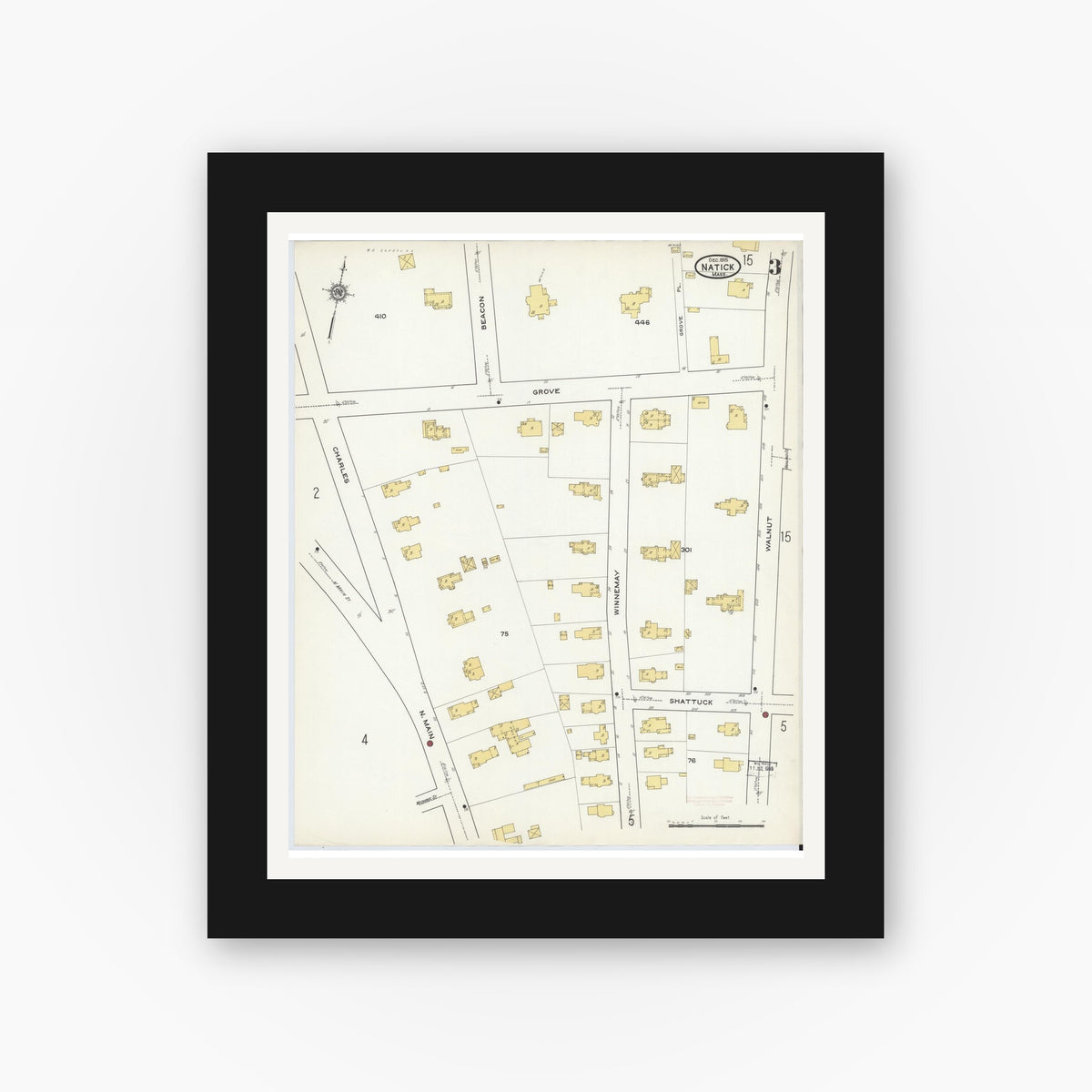 Old map wall art mockup — black gallery frame with white mat — Sanborn Fire Insurance Map from Natick, Middlesex County, Massachusetts (1915), Sheet #0003