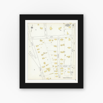 Old map wall art mockup — black gallery frame with white mat — Sanborn Fire Insurance Map from Natick, Middlesex County, Massachusetts (1915), Sheet #0003