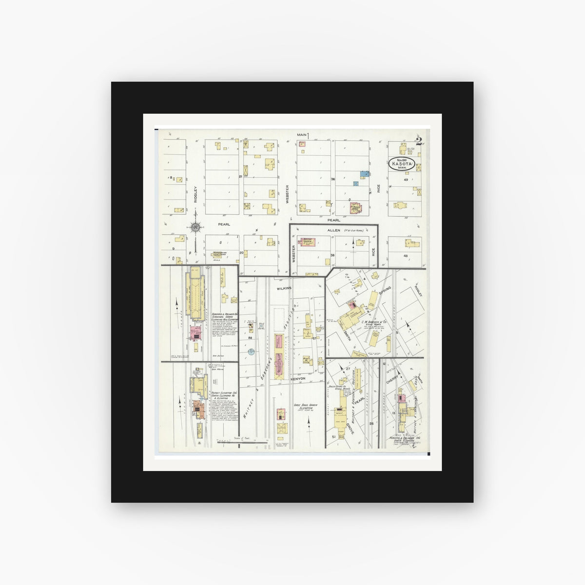 Old map wall art mockup — black gallery frame with white mat — Sanborn Fire Insurance Map from Kasota, Le Sueur County, Minnesota (1910), Sheet #0002