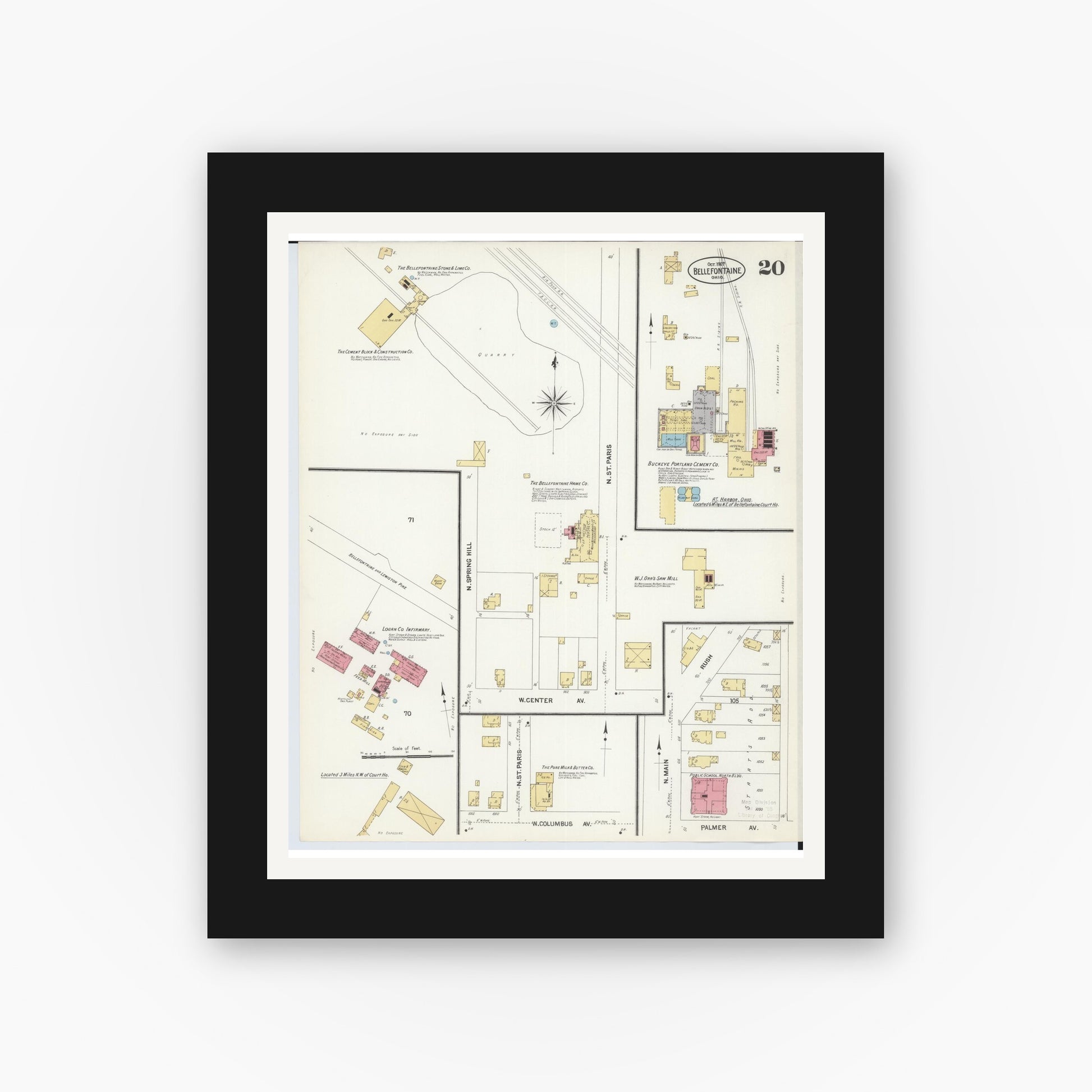 Old map wall art mockup — black gallery frame with white mat — Sanborn Fire Insurance Map from Bellefontaine, Logan County, Ohio (1907), Sheet #0020