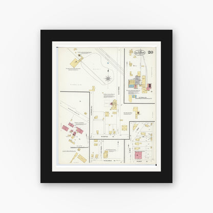 Old map wall art mockup — black gallery frame with white mat — Sanborn Fire Insurance Map from Bellefontaine, Logan County, Ohio (1907), Sheet #0020