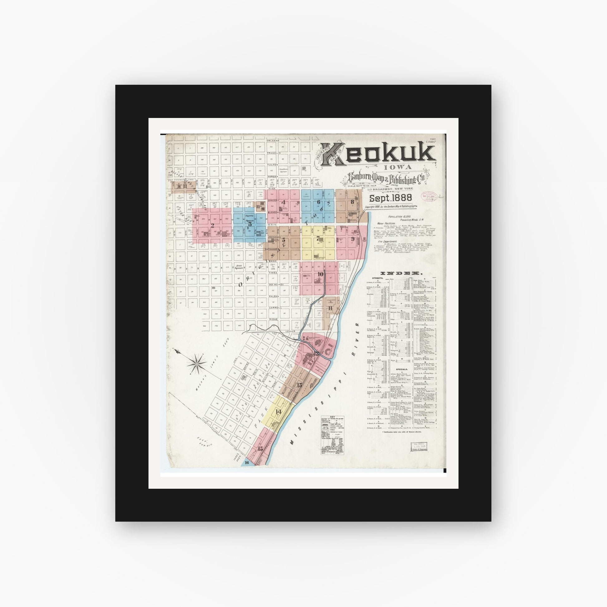 Old map wall art mockup — black gallery frame with white mat — Sanborn Fire Insurance Map from Keokuk, Lee County, Iowa (1888) â€” Complete Set