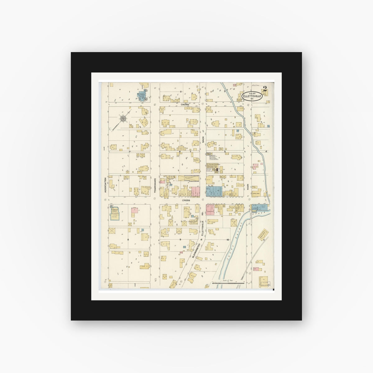 Old map wall art mockup — black gallery frame with white mat — Sanborn Fire Insurance Map from Ellettsville, Monroe County, Indiana (1910), Sheet #0002