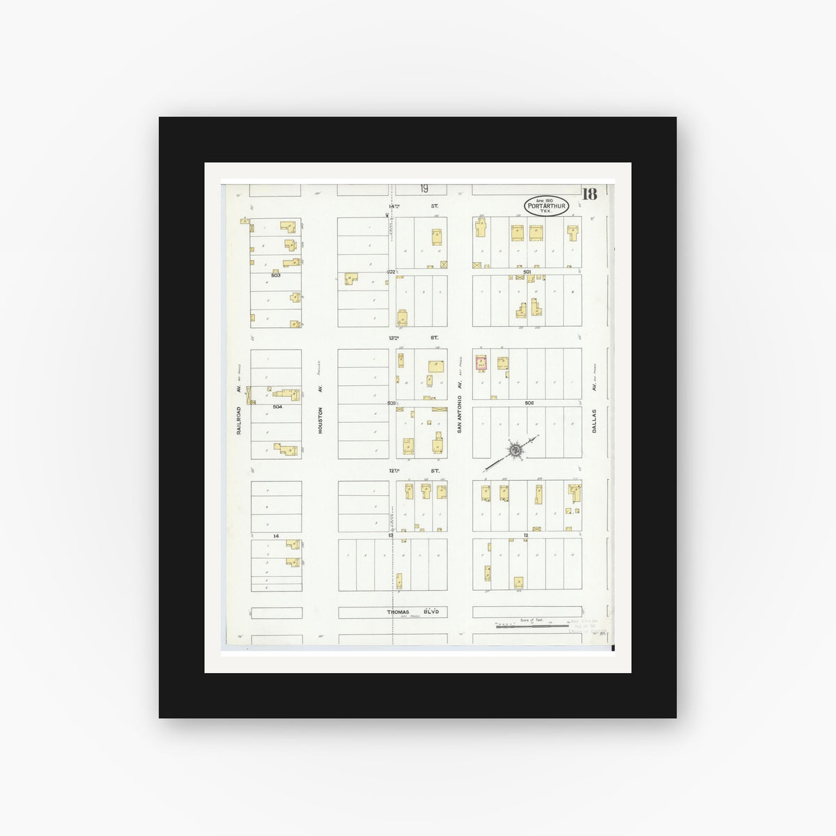 Old map wall art mockup — black gallery frame with white mat — Sanborn Fire Insurance Map from Port Arthur, Jefferson County, Texas (1910), Sheet #0018