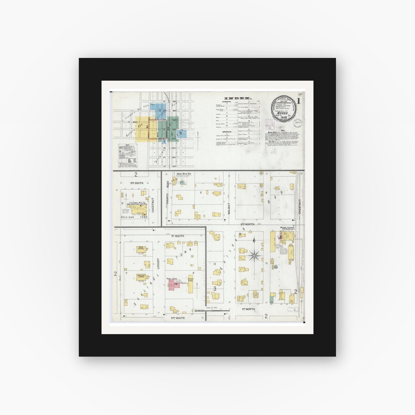 Old map wall art mockup — black gallery frame with white mat — Sanborn Fire Insurance Map from Maroa, Macon County, Illinois (1901) - Complete Map Set