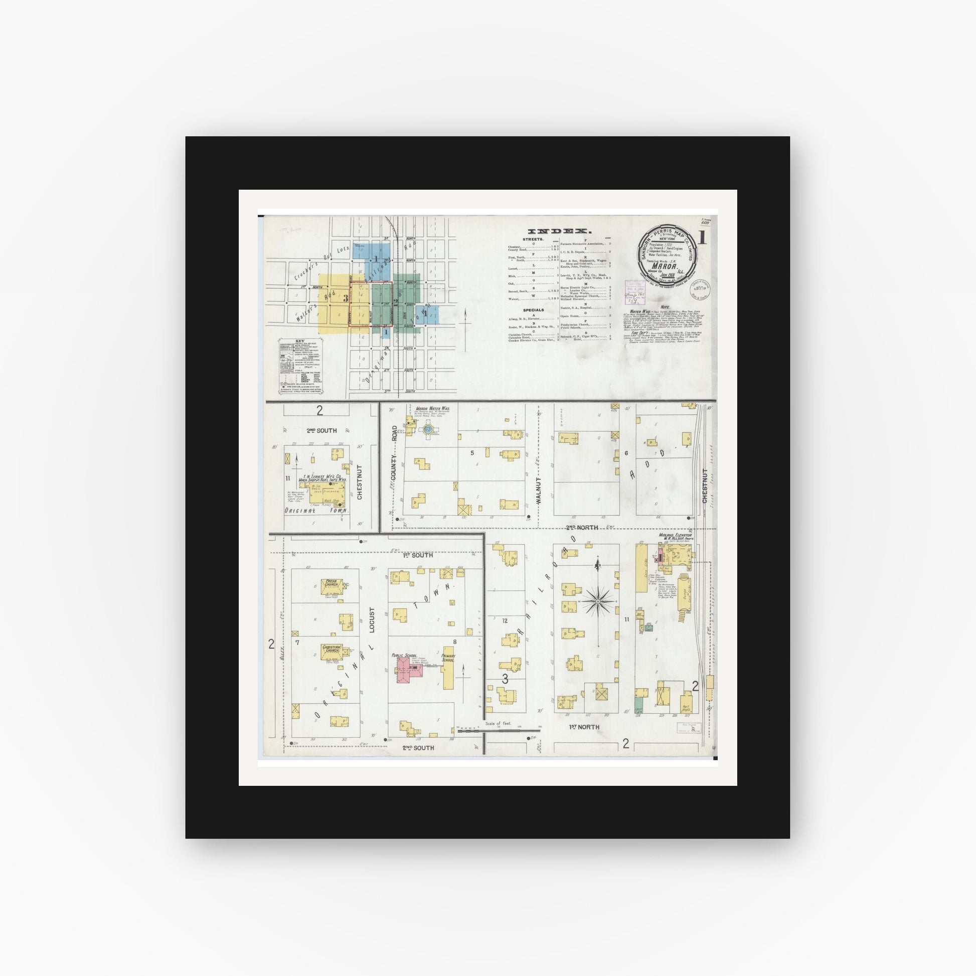 Old map wall art mockup — black gallery frame with white mat — Sanborn Fire Insurance Map from Maroa, Macon County, Illinois (1901) - Complete Map Set