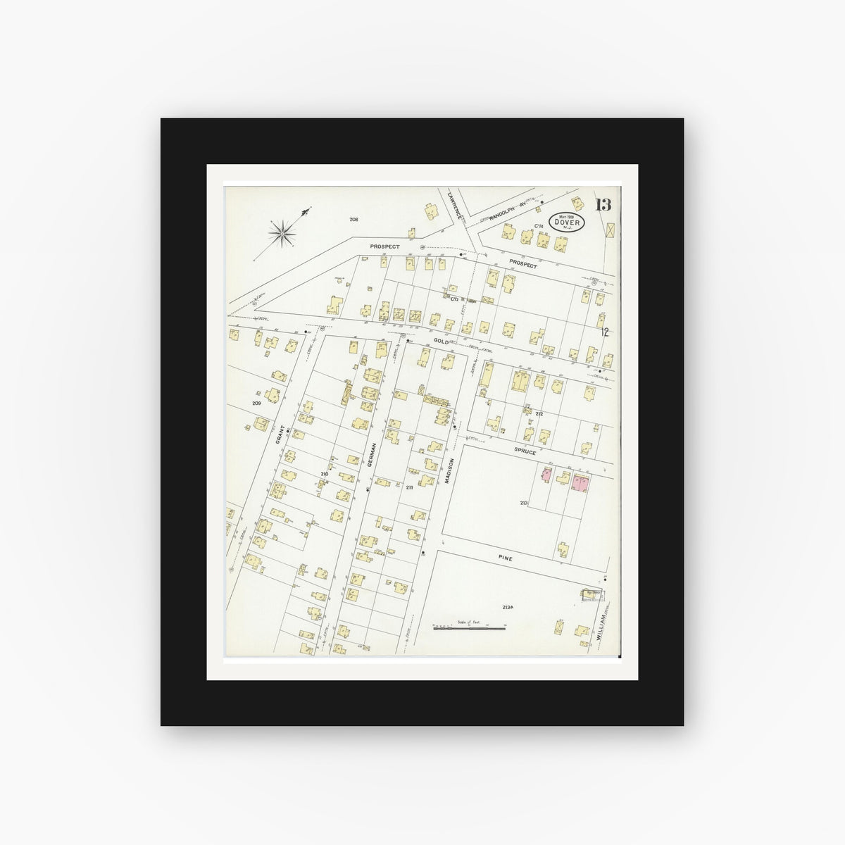 Old map wall art mockup — black gallery frame with white mat — Sanborn Fire Insurance Map from Dover, Morris County, New Jersey (1909), Sheet #0013