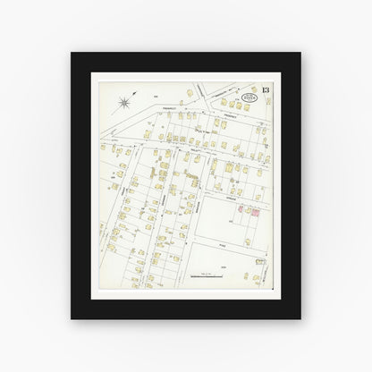 Old map wall art mockup — black gallery frame with white mat — Sanborn Fire Insurance Map from Dover, Morris County, New Jersey (1909), Sheet #0013
