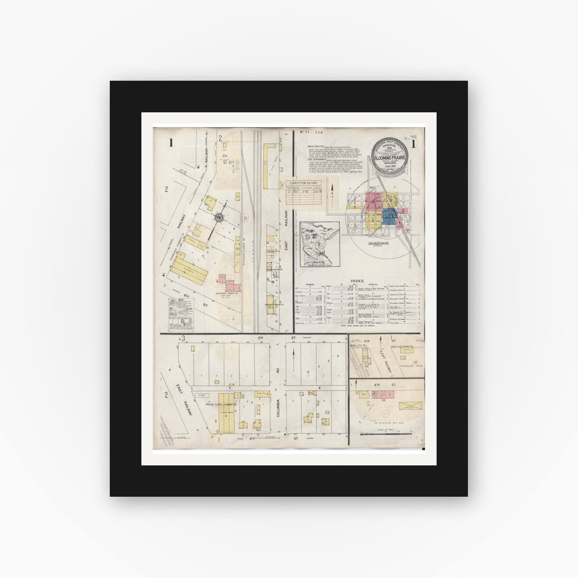 Old map wall art mockup — black gallery frame with white mat — Sanborn Fire Insurance Map from Blooming Prairie, Steele County, Minnesota (1937), Sheet #0001