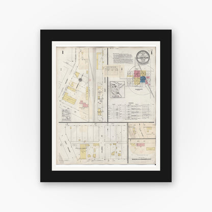 Old map wall art mockup — black gallery frame with white mat — Sanborn Fire Insurance Map from Blooming Prairie, Steele County, Minnesota (1937), Sheet #0001