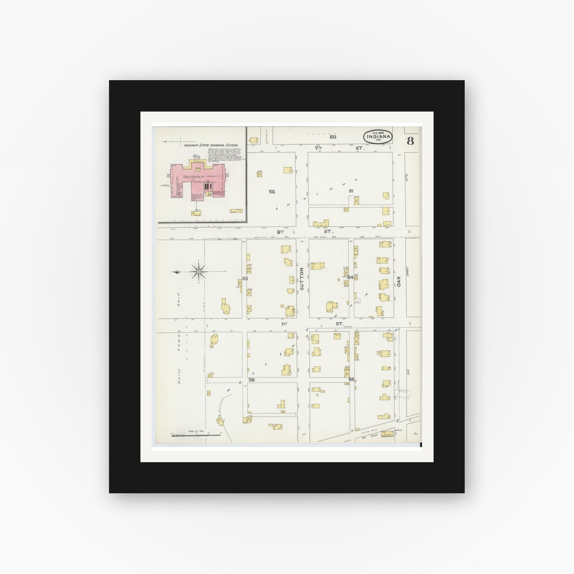Old map wall art mockup — black gallery frame with white mat — Sanborn Fire Insurance Map from Indiana, Indiana County, Pennsylvania (1892), Sheet #0008