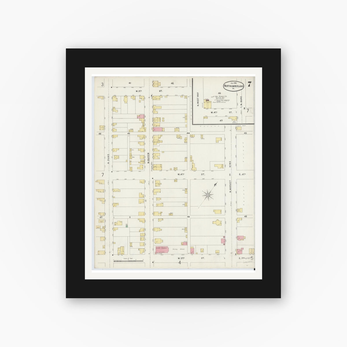 Old map wall art mockup — black gallery frame with white mat — Sanborn Fire Insurance Map from Northumberland, Northumberland County, Pennsylvania (1896), Sheet #0007