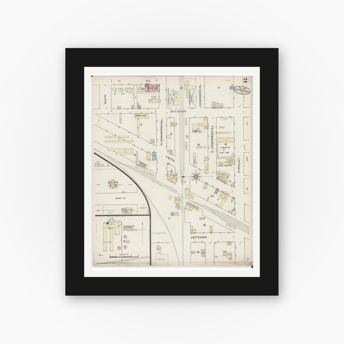 Old map wall art mockup — black gallery frame with white mat — Sanborn Fire Insurance Map from Chenoa, McLean County, Illinois (1885), Sheet #0002