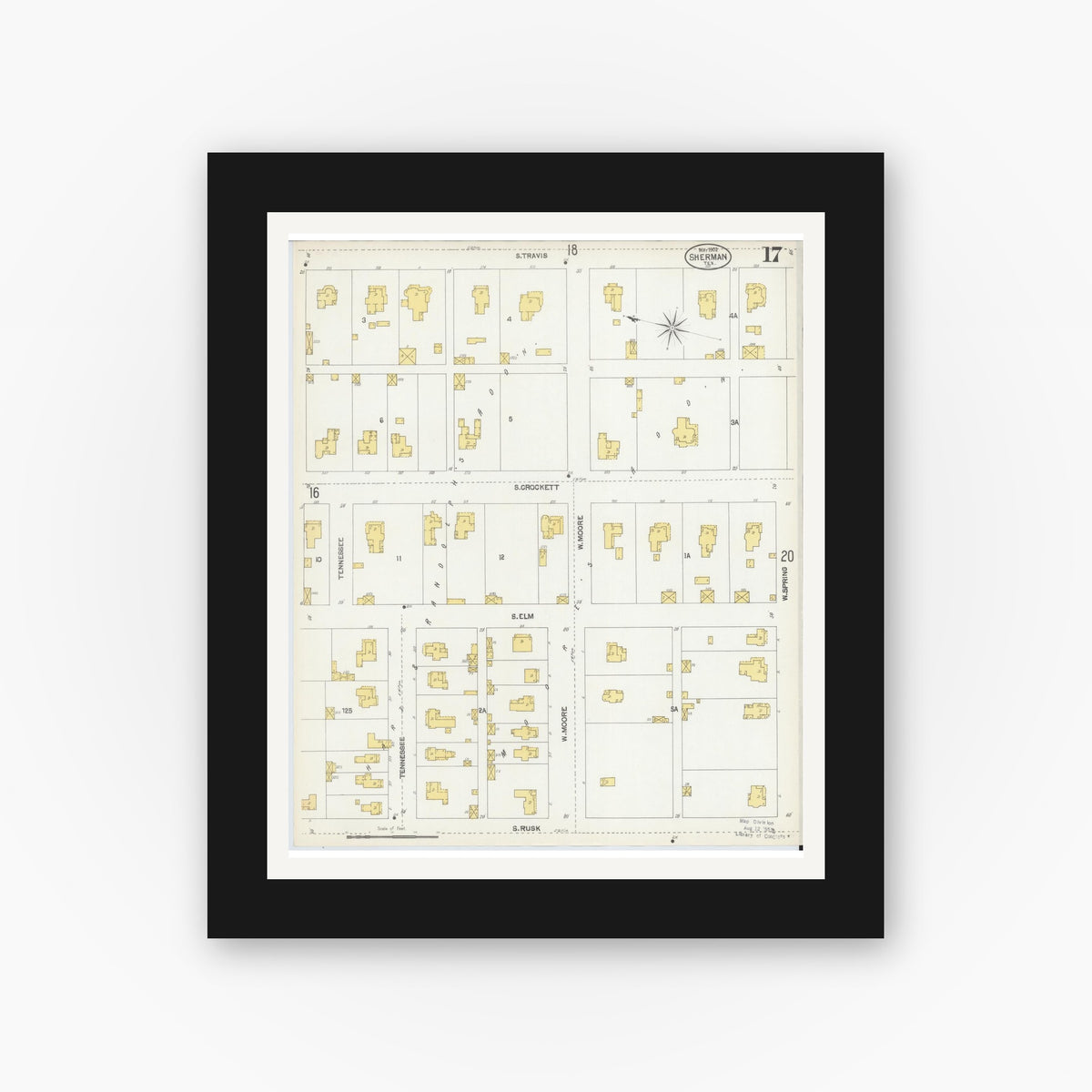 Old map wall art mockup — black gallery frame with white mat — Sanborn Fire Insurance Map from Sherman, Grayson County, Texas (1902), Sheet #0017