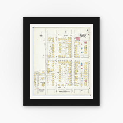 Old map wall art mockup — black gallery frame with white mat — Sanborn Fire Insurance Map from Barberton, Summit County, Ohio (1916), Sheet #0009