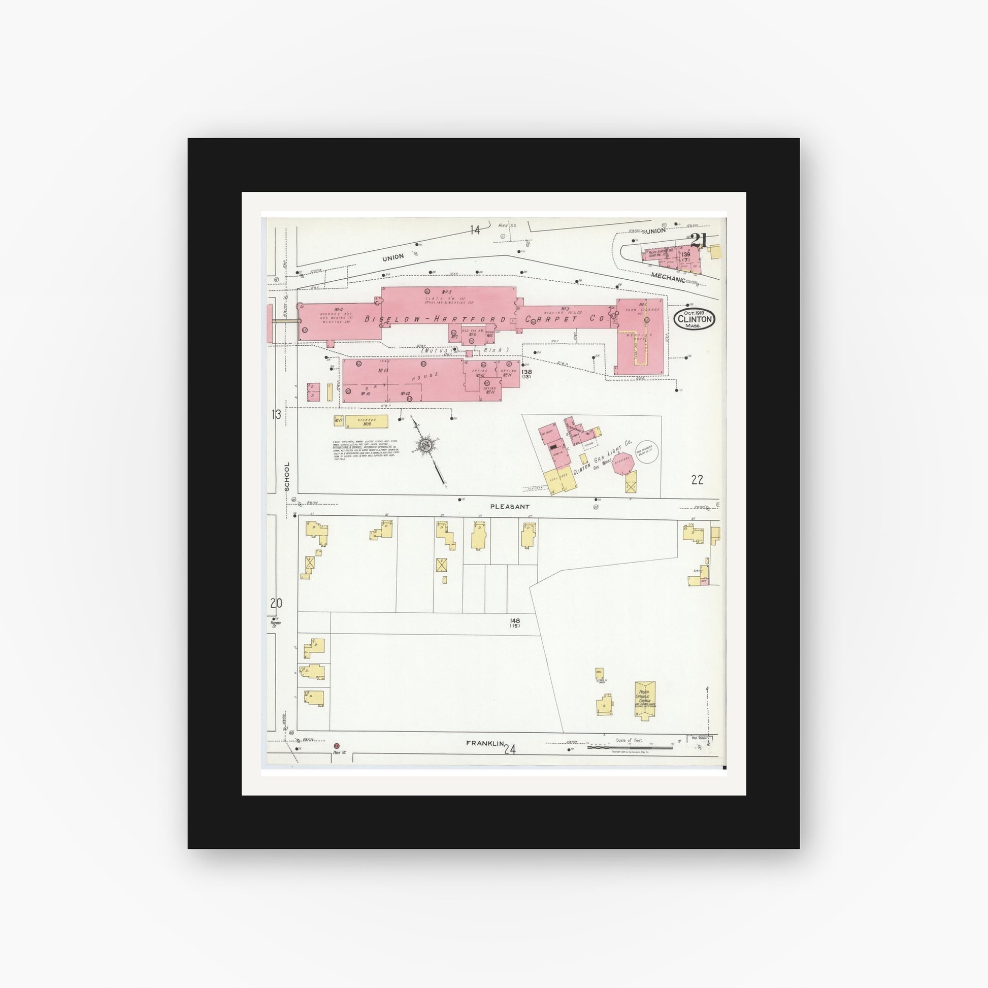 Old map wall art mockup — black gallery frame with white mat — Sanborn Fire Insurance Map from Clinton, Worcester County, Massachusetts (1919), Sheet #0021