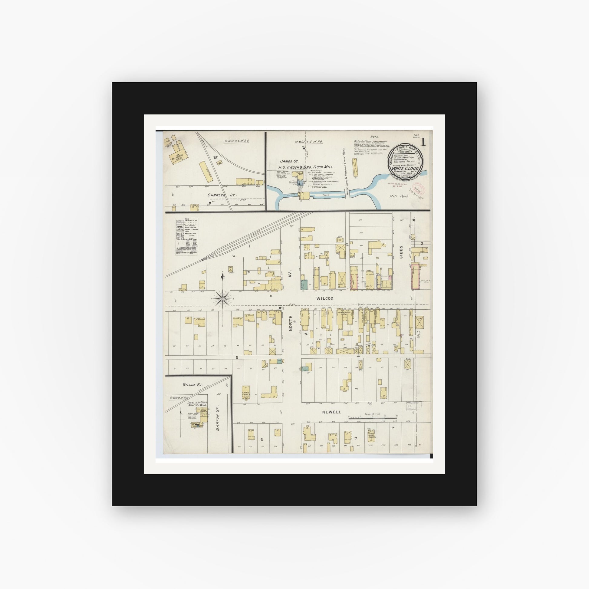 Old map wall art mockup — black gallery frame with white mat — Sanborn Fire Insurance Map from White Cloud, Newaygo County, Michigan (1894) - Complete Map Set