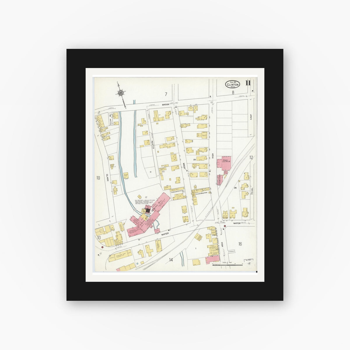 Old map wall art mockup — black gallery frame with white mat — Sanborn Fire Insurance Map from Clinton, Worcester County, Massachusetts (1911), Sheet #0011
