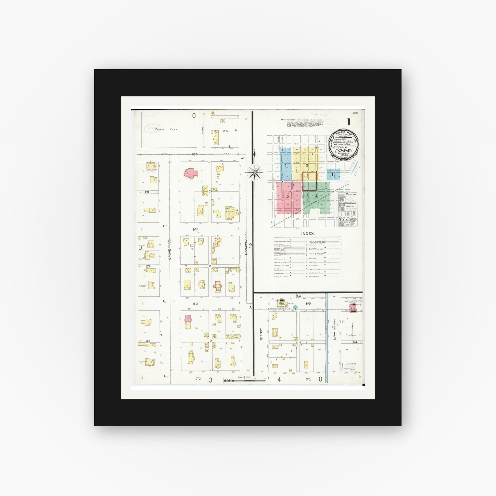 Old map wall art mockup — black gallery frame with white mat — Sanborn Fire Insurance Map from Corning, Adams County, Iowa (1899), Sheet #0001