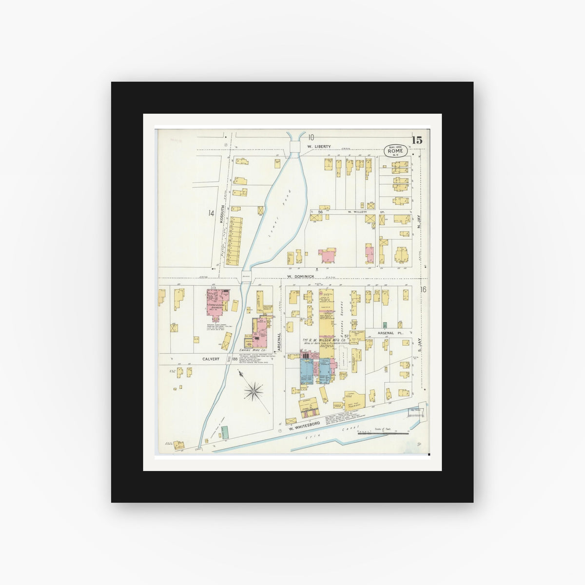 Old map wall art mockup — black gallery frame with white mat — Sanborn Fire Insurance Map from Rome, Oneida County, New York (1904), Sheet #0015