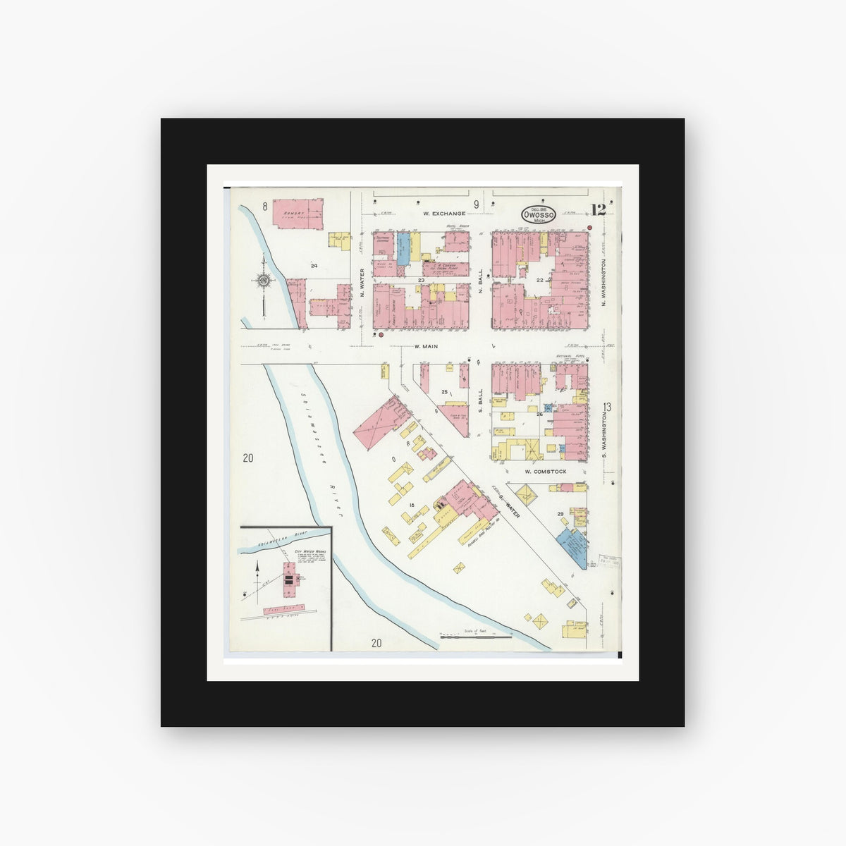Old map wall art mockup — black gallery frame with white mat — Sanborn Fire Insurance Map from Owosso, Shiawassee County, Michigan (1915), Sheet #0012