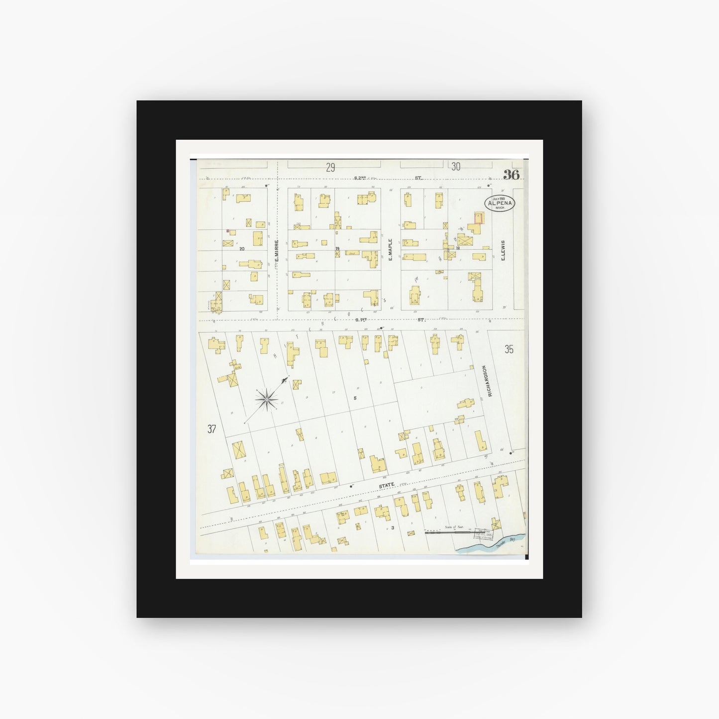 Old map wall art mockup — black gallery frame with white mat — Sanborn Fire Insurance Map from Alpena, Alpena County, Michigan (1901), Sheet #0036