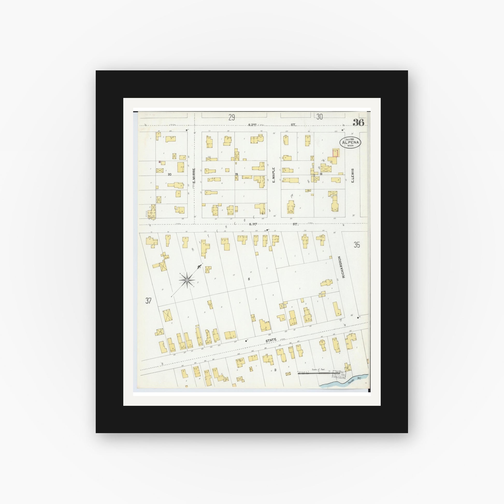 Old map wall art mockup — black gallery frame with white mat — Sanborn Fire Insurance Map from Alpena, Alpena County, Michigan (1901), Sheet #0036