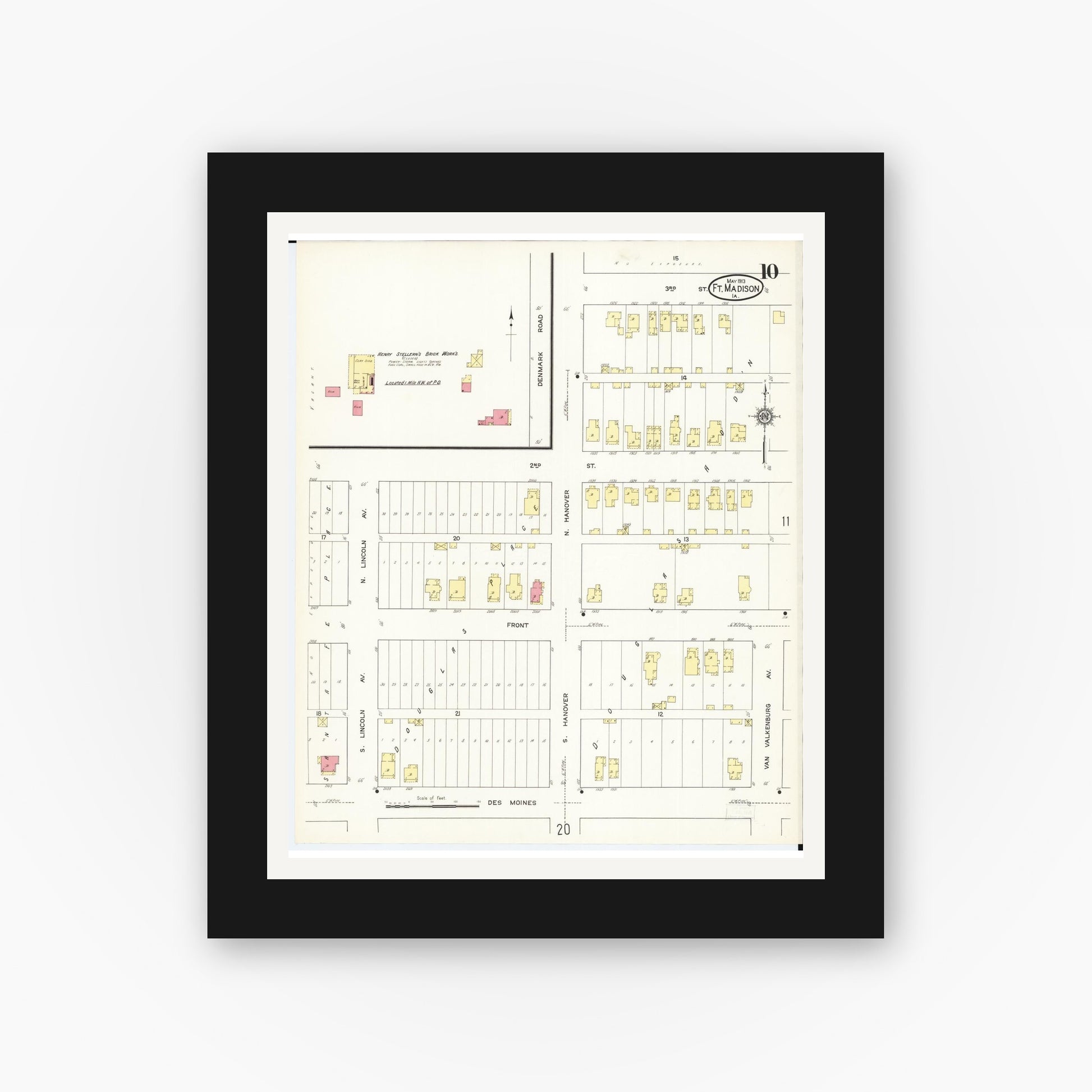 Old map wall art mockup — black gallery frame with white mat — Sanborn Fire Insurance Map from Fort Madison, Lee County, Iowa (1913), Sheet #0010