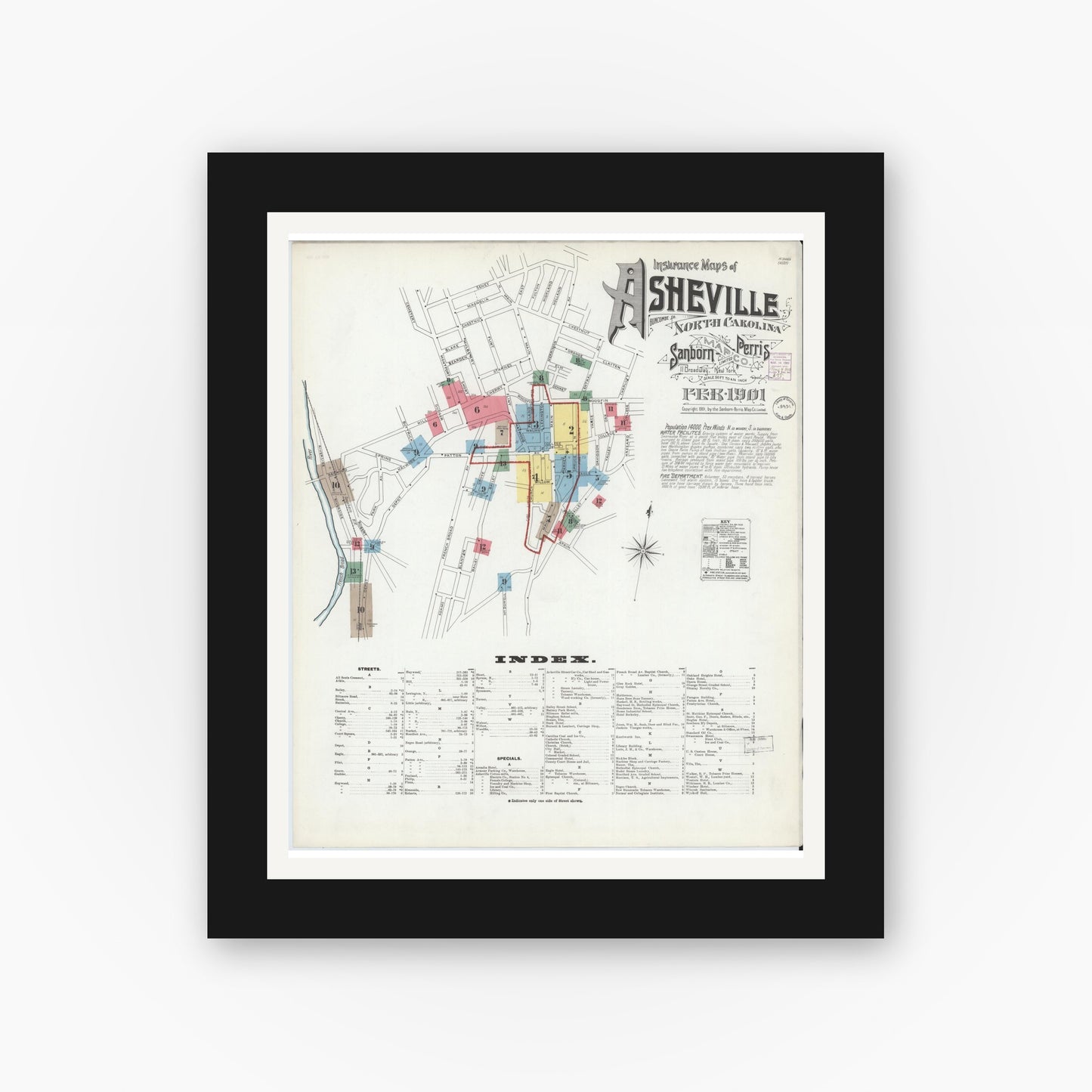 Old map wall art mockup — black gallery frame with white mat — Sanborn Fire Insurance Map from Asheville, Buncombe County, North Carolina (1901), Sheet #0001