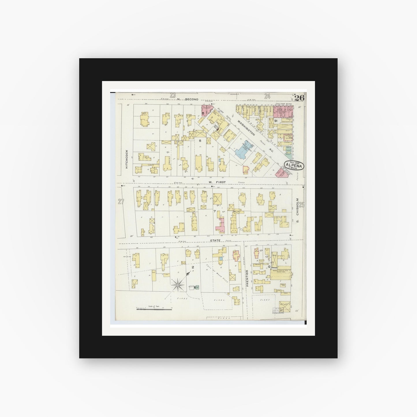 Old map wall art mockup — black gallery frame with white mat — Sanborn Fire Insurance Map from Alpena, Alpena County, Michigan (1895), Sheet #0026