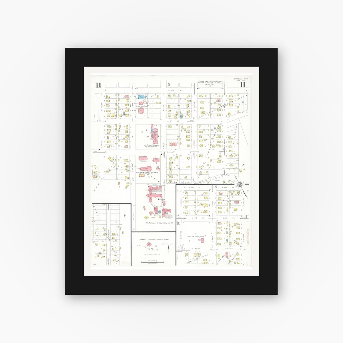 Old map wall art mockup — black gallery frame with white mat — Sanborn Fire Insurance Map from Carroll, Carroll County, Iowa (1935), Sheet #0011