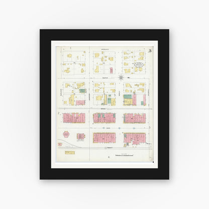 Old map wall art mockup — black gallery frame with white mat — Sanborn Fire Insurance Map from Bryan, Brazos County, Texas (1906), Sheet #0003
