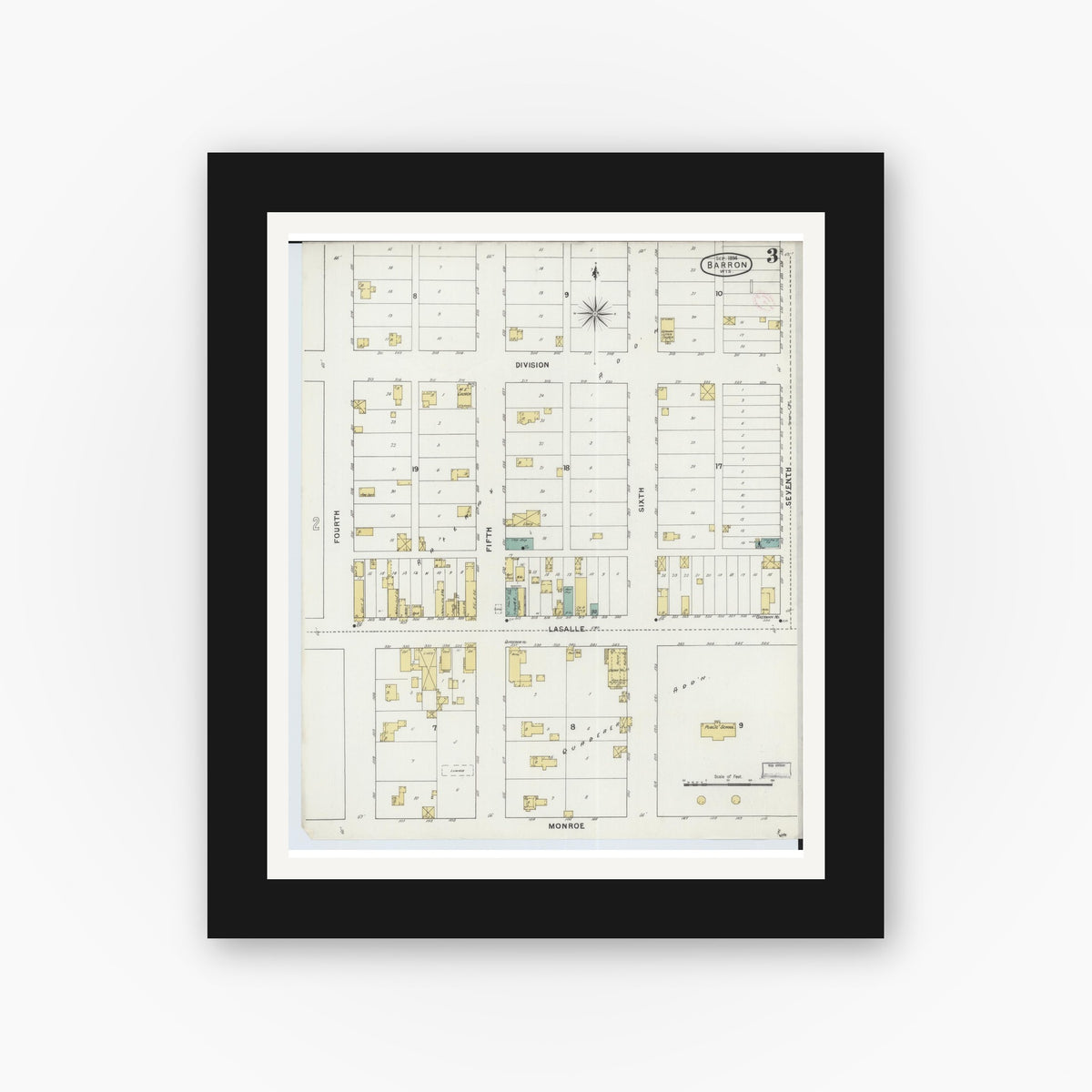 Old map wall art mockup — black gallery frame with white mat — Sanborn Fire Insurance Map from Barron, Barron County, Wisconsin (1894), Sheet #0003