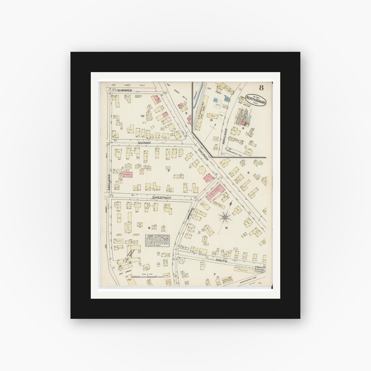 Old map wall art mockup — black gallery frame with white mat — Sanborn Fire Insurance Map from North Adams, Berkshire County, Massachusetts (1884), Sheet #0008