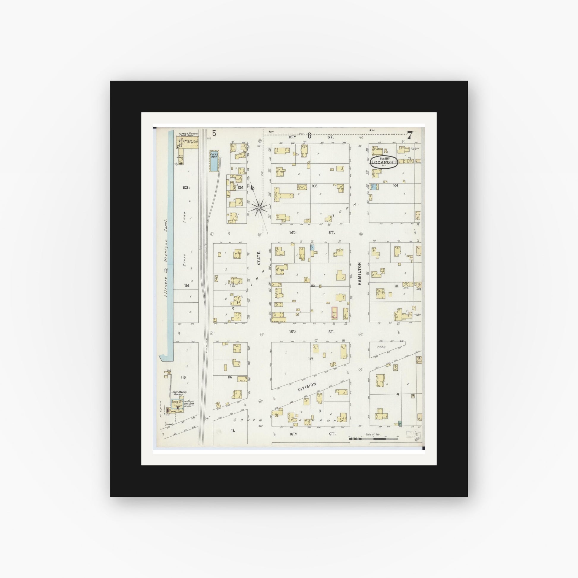 Old map wall art mockup — black gallery frame with white mat — Sanborn Fire Insurance Map from Lockport, Will County, Illinois (1897), Sheet #0007